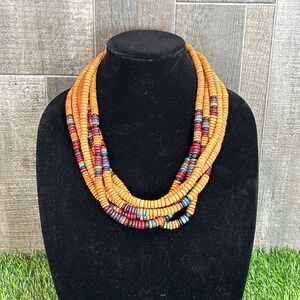 Vintage Multi Strand Beaded Necklace Wood Tone Tribal Boho Statement